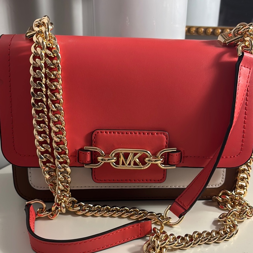 Michael Kors Red and White Crossbody Bag with Gold Chain
